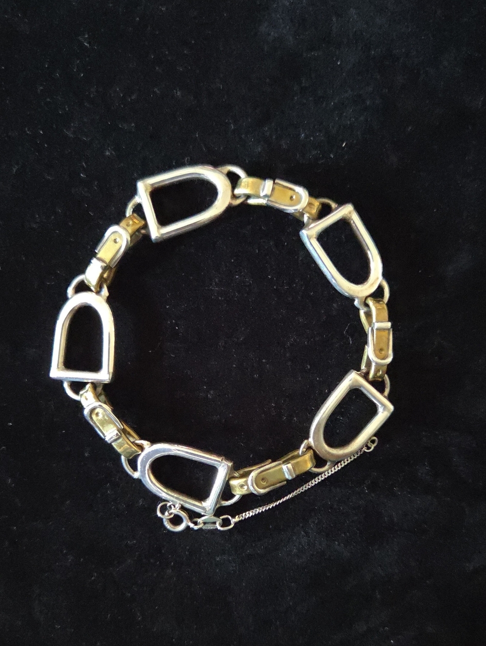 Vintage Taxco Mexico Two-Tone Sterling Silver Stirrup Brass Buckle Link Bracelet